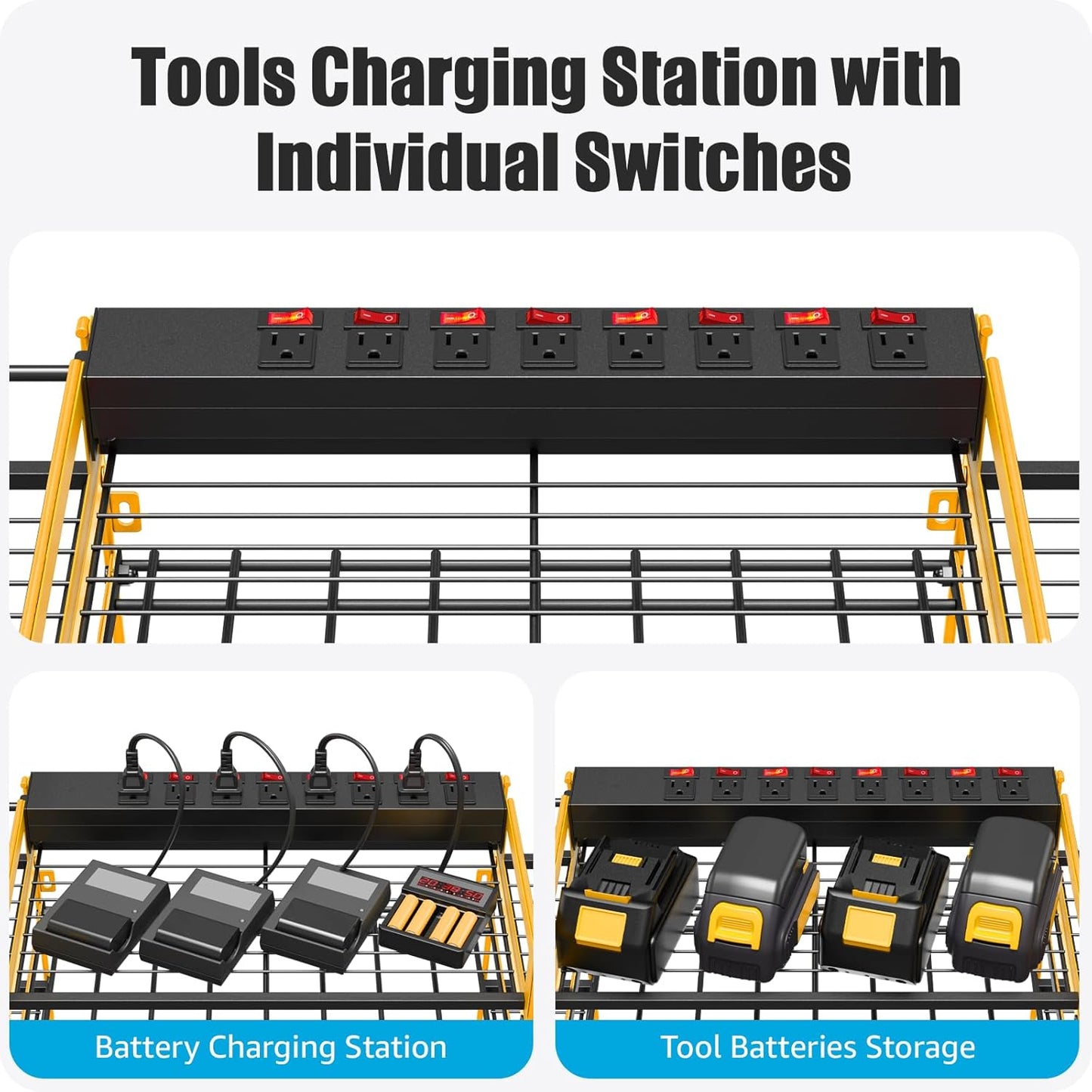 CCCEI Yellow Power Tool Organizer Wall Mount, Large Tools and Battery Storage Rack Charging Station Individual Switches. Drills Holder, Garage Utility Shelves with 6FT Power Strip. Gift for Men.