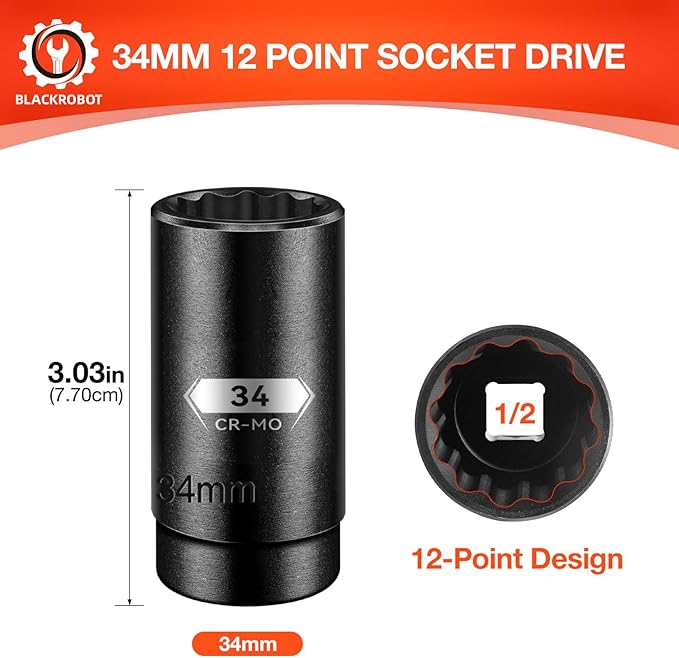 BLACKROBOT 34 mm 12-Point Deep Impact Socket, 1/2 Inch Drive, Metric, Black Manganese Phosphate Coating