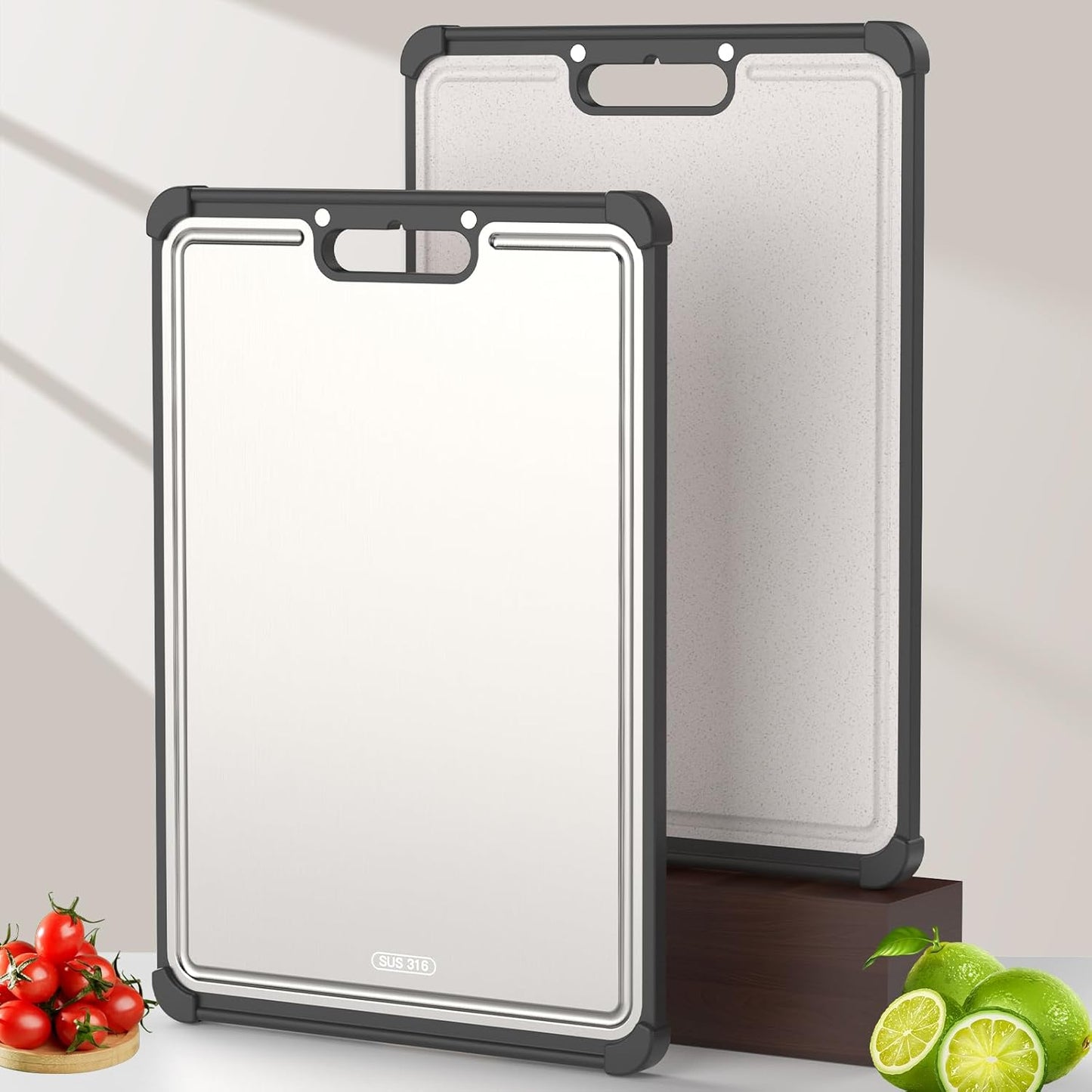 Premium 316 Stainless Steel Cutting Board for Kitchen– Double Sided,Non-Toxic& BPA-Free Chopping Board with Food-Grade Steel &Eco-Friendly Wheat Straw PP,for Meat&Vegetables Healthy Organic Board