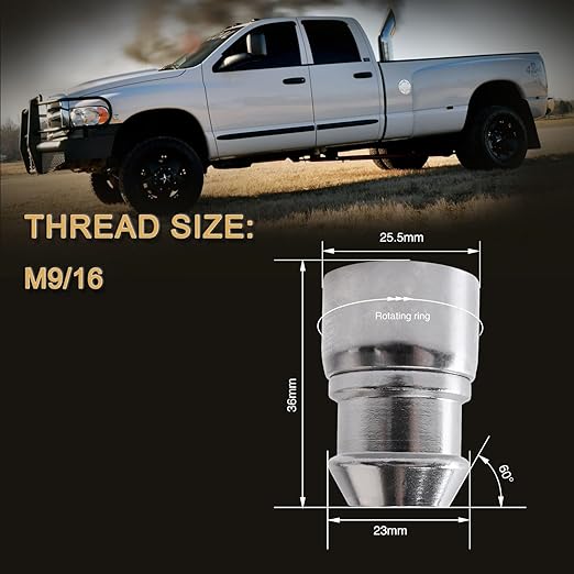 9/16 Wheel Locks Set, Fit for ram 1500, Ram 2500, Ram 3500, Chassis cab, Dakota, Durango?Aspen, Wheel Locks, 4 Locking Lug Nuts 2 Pcs Key with 32Pcs Spike Lug Nuts+1 Key, Chrome