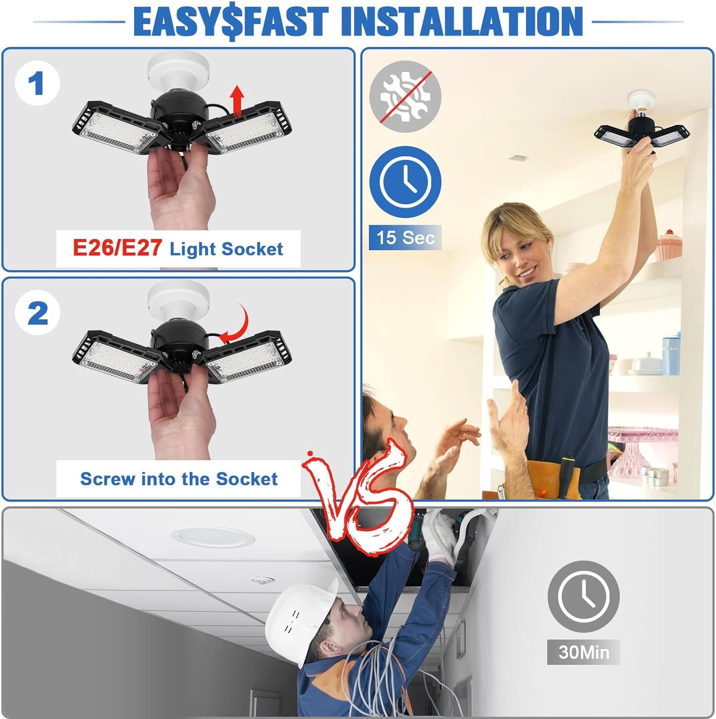 LED Garage Lights 2 Pack -80W, 8000LM 6500K Led Shop Light with 3 Deformable Panels, Basement Barn Light Garage Ceiling Lights, E26 for Garage, Warehouse, Shop, Basement