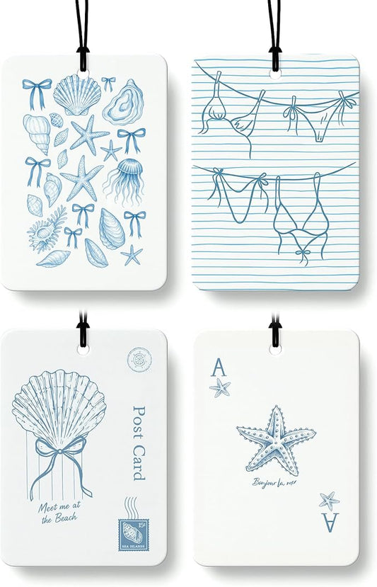 Preppy Beach Cologne Car Air Freshener 4 Pcs, Blue Coquette Bow Coastal Seashell Hanging Air Freshener for Cars Bathroom Dorm Books Decor, Cute Blue Accessories Gifts for Women Girls