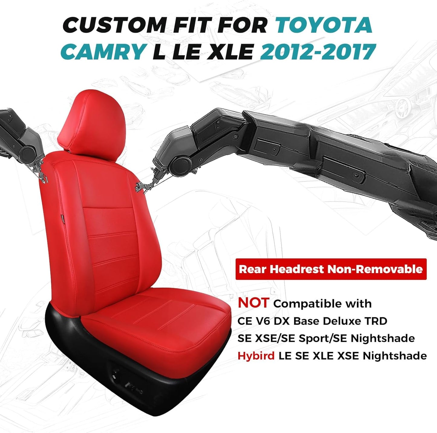 for Toyota Camry Seat Covers L LE XLE 2012 2013 2014 2015 2016 2017 - Custom Fit Car Seat Covers Full Set, Waterproof Breathable Luxury Leather Seat Covers for Cars, Red Not for Hybrid