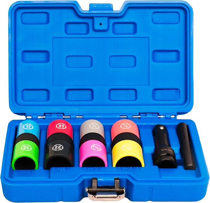 6 PCS 1/2 inch Drive Half Size Lug Nut Socket Set with Metric 17 19 21 22 mm, SAE 3/4" 13/16" 7/8" 15/16", Impact Flip Socket Set Non-Marring Thin Wall Double Ended Wheel Nut Socket Removal Kit