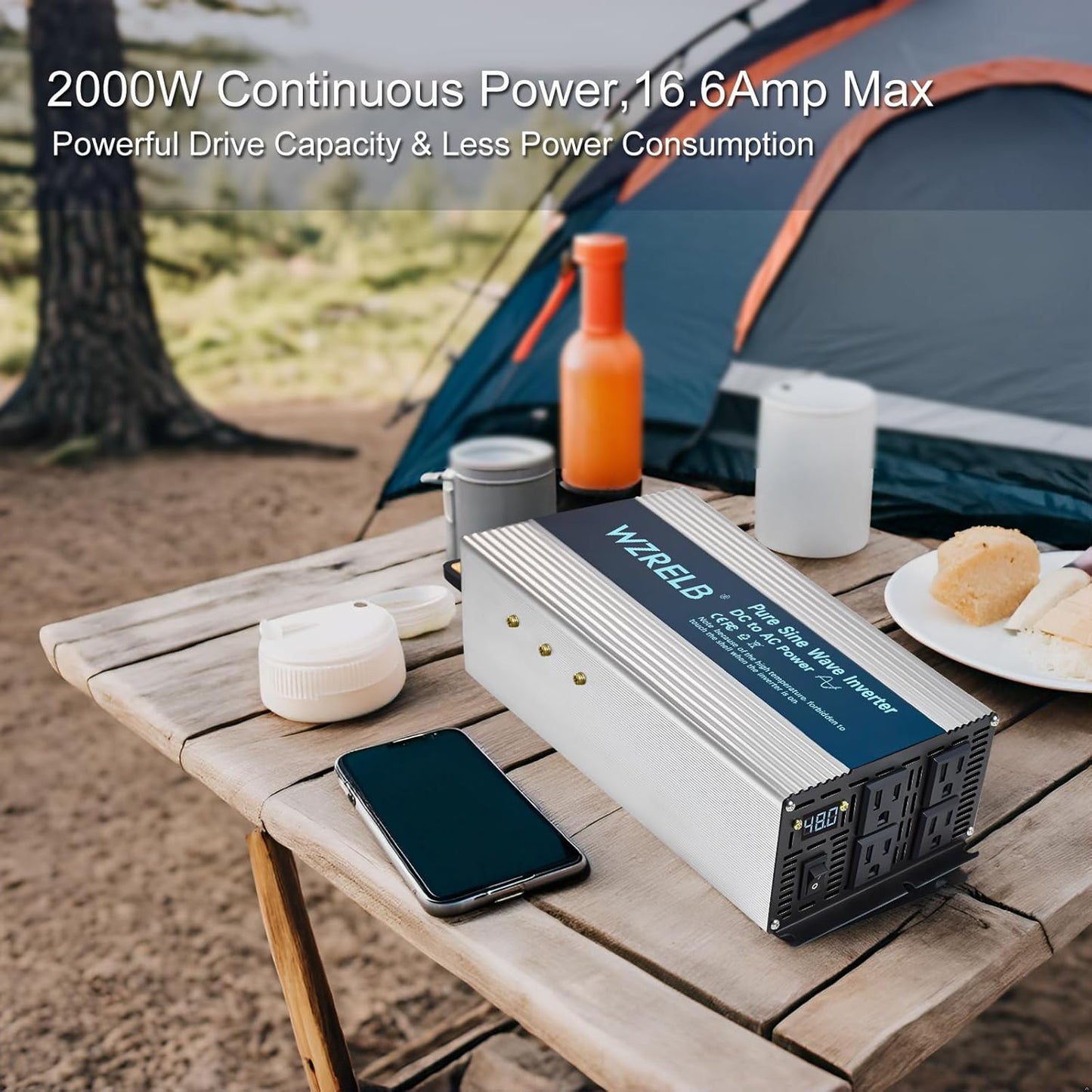 WZRELB 2000W Pure Sine Wave Inverter 36V DC to 110V 120V AC, Car Power Inverter with 4 AC Outlets, LED Display,Off-Grid Portable Power Converter for Home, RV, Truck, Camping