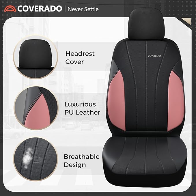 Coverado Car Seat Covers, Luxury Front Seat Covers, Leather Car Seat Protectors, Pink Automotive Seat Covers Universal Fit for SUVs Trucks Sedans