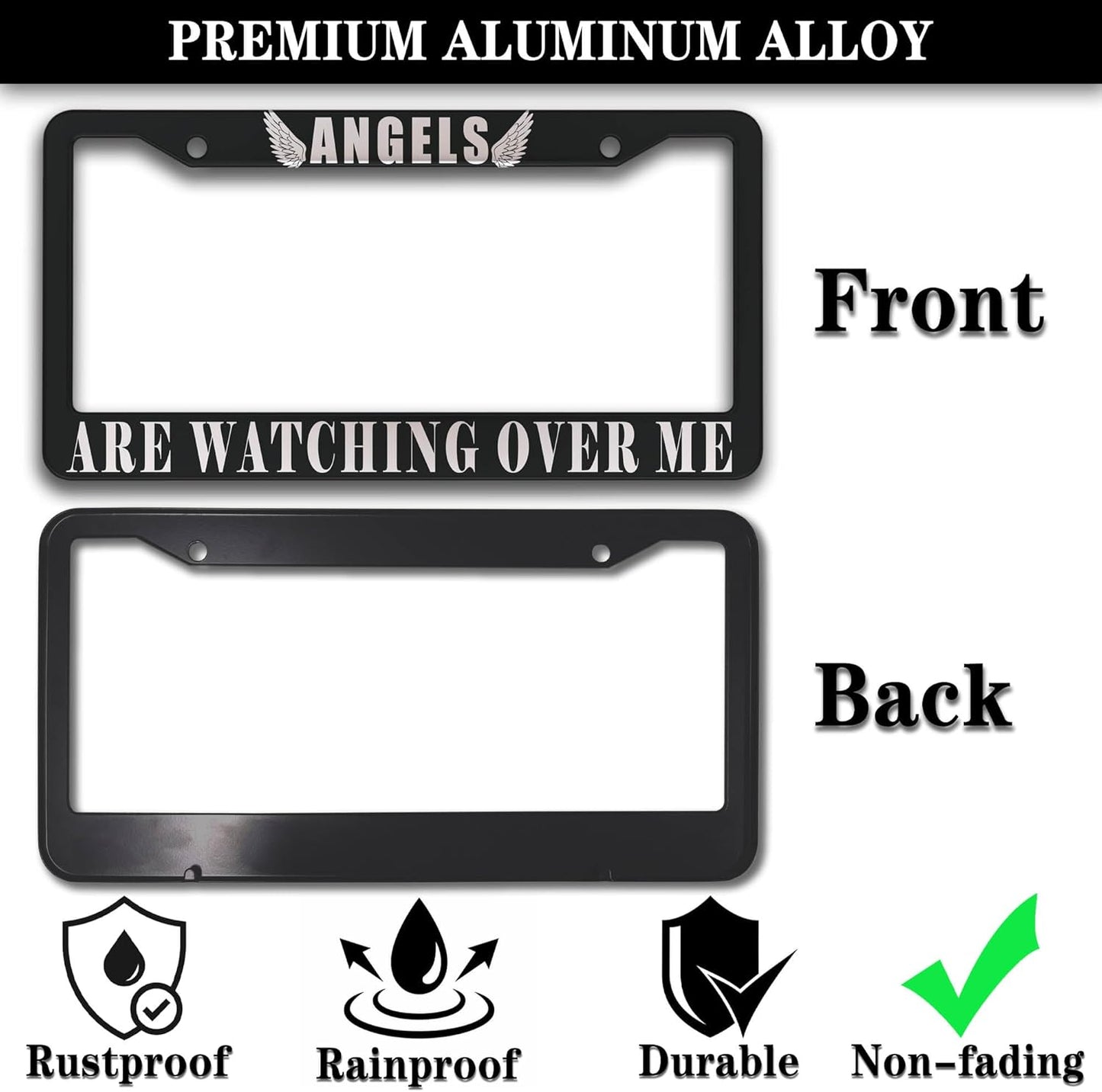 Car Plate Frames Black and White License Plate Protector Angels are Watching Over Me Universal Aluminum Car Accessory 2 Pack with Screw Covers Set