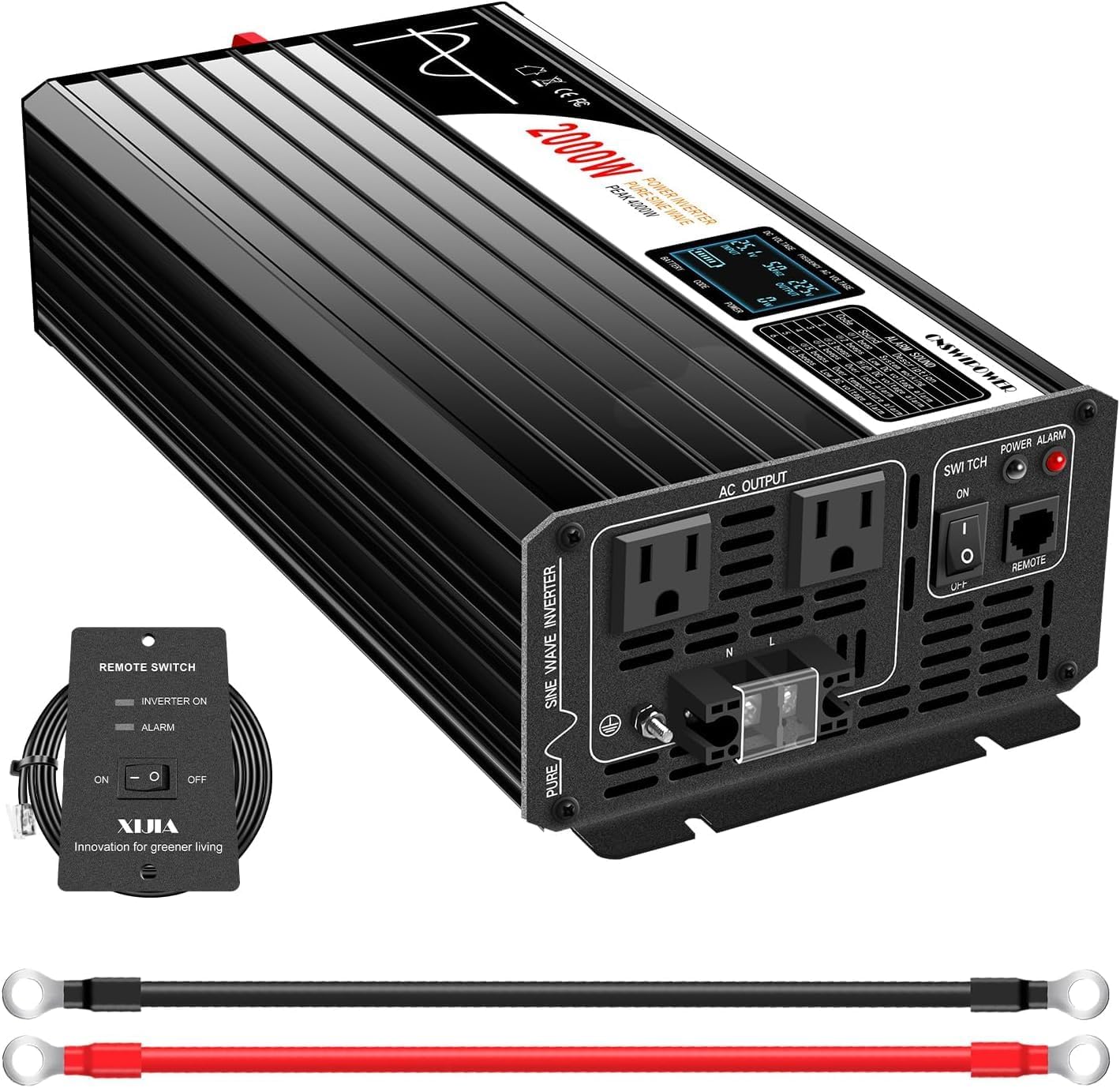 Xijia 2000W (Peak Power 4000W) Pure Sine Wave dc to ac Inverter Remote Switch DC 24V to AC 120V 60HZ Solar Converter for Home car rv &Yacht (DC24V (Range 20V-30V) 2000W)