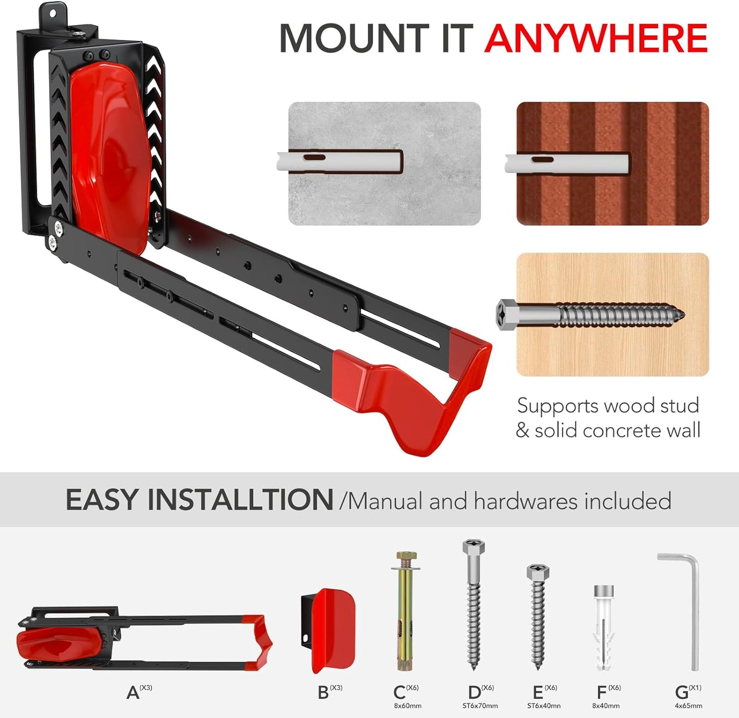 3-Pack Swivel Bike Rack Wall Mount, Bike Hangers for Garage, Space-Saving Vertical Bike Holder, Holds up to 77 lbs, Bicycle Wall Hanger Storage, No Heavy Lifting Required Indoor Hanging Bike Rack-Red