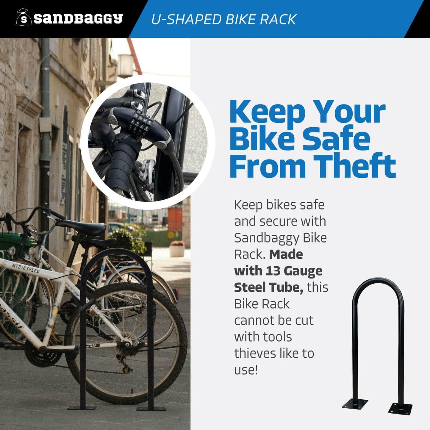 Sandbaggy U Shaped Bike Rack - Outdoor, Commercial - Galvanized Steel - Surface/Ground Mounted (5, Gray)