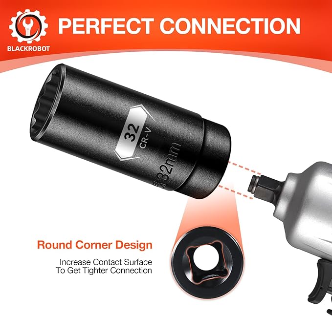 BLACKROBOT 32 mm 12-Point Deep Impact Socket, 1/2 Inch Drive, Metric, Cr-V Steel With Black Manganese Phosphate Coating