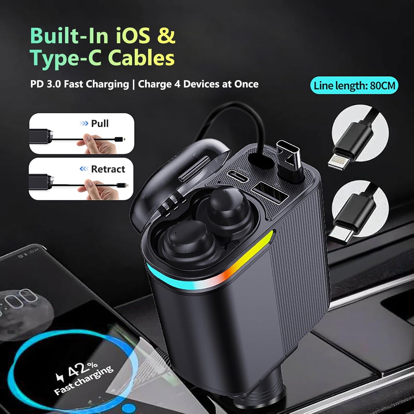 MLVOC 120W Fast Charging Car Charger with Earbuds, Retractable 4-in-1 USB-C & Lightning for iPhone & Android (Black)