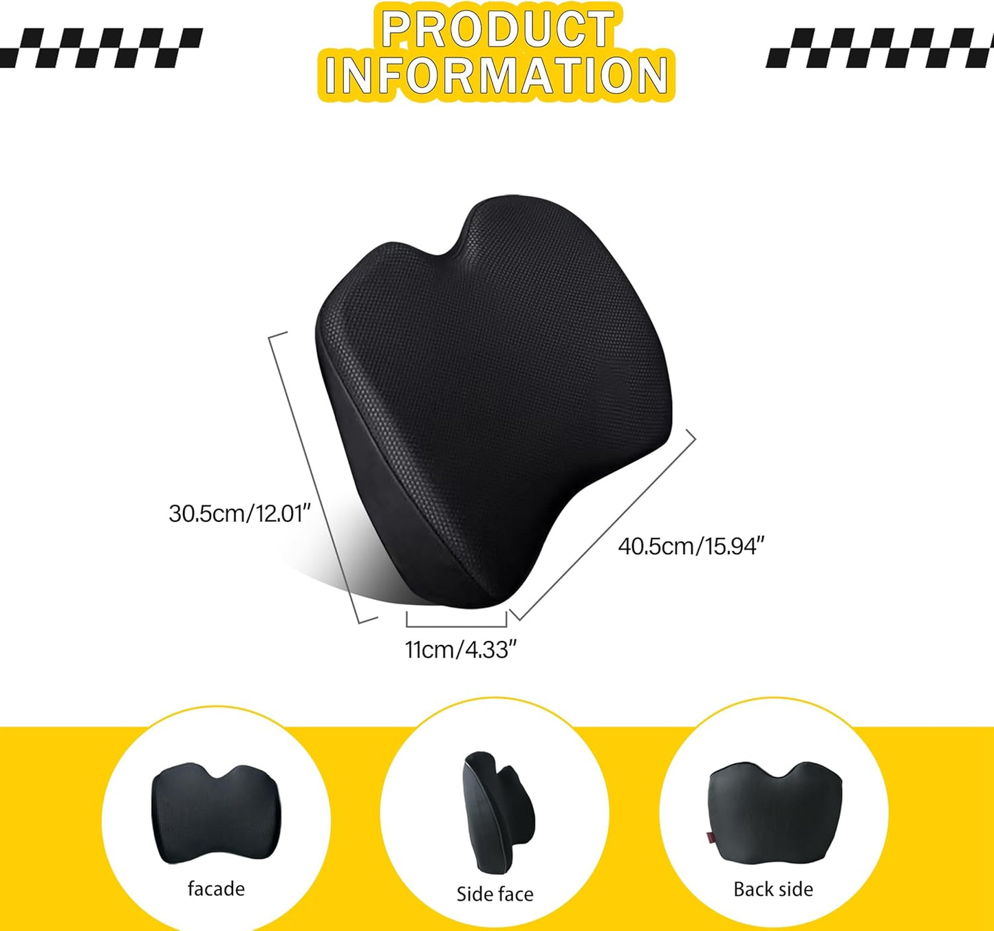 Super Soft Lumbar Support Pillow for Car, 100% Memory Foam Lumbar Pillow with Breathable Removable Cover, Ergonomic Design - Back Pillow Lumbar Support Pillow for Car Seat/Back Pain Relief(Black,1PC)