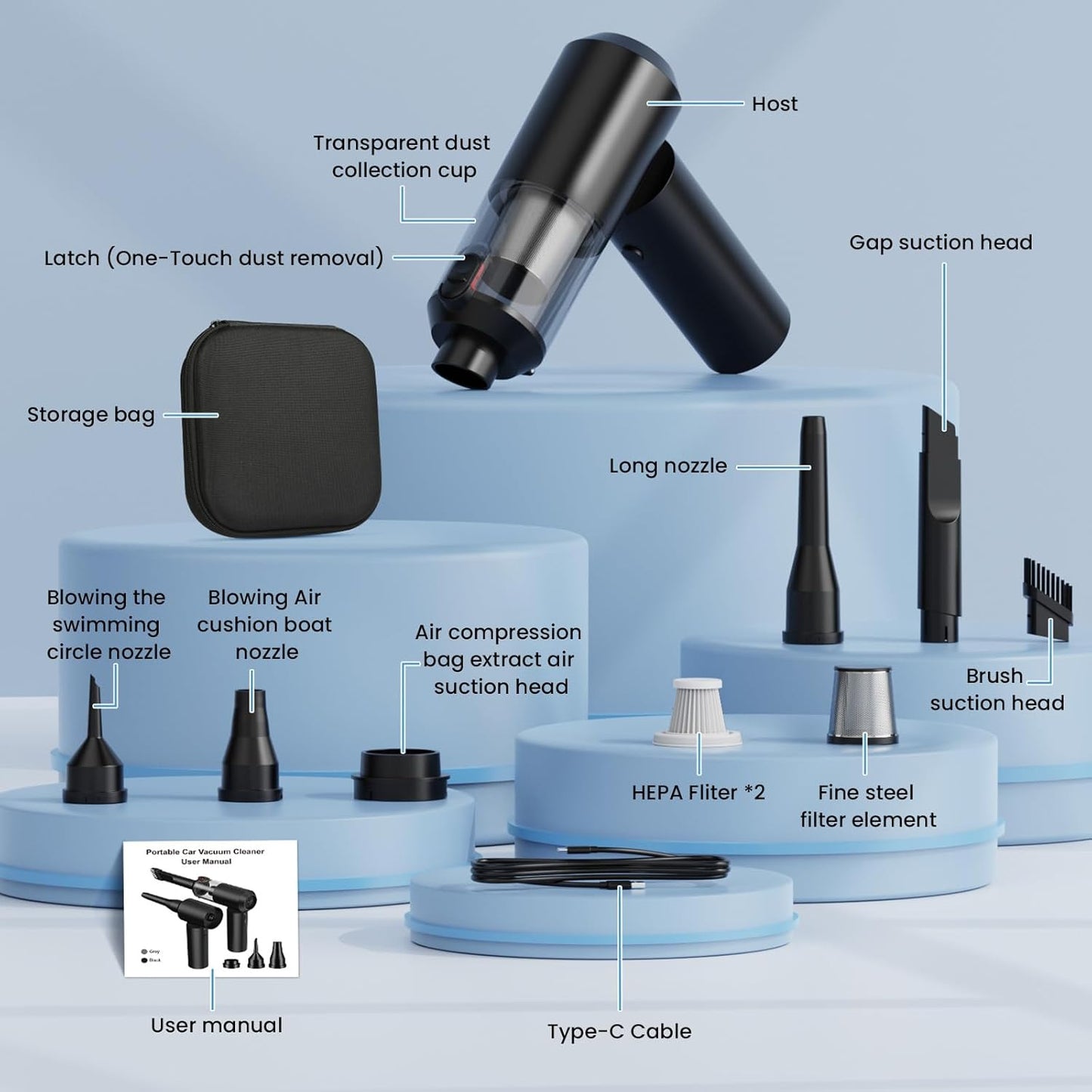 Vac V2 Portable Air Blower/Car Vacuum 90°Foldable 3in1 Handheld Vacuums Cleaner Brushless Motor High Power 16000PA Compressed Air Dusters Cordless Vacuum Cleaners for Car Home