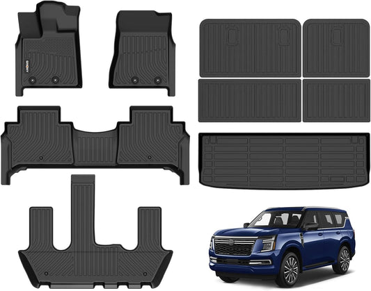 GINOWY-Floor Mats & Cargo Liner for Nissan Armada 2025 &Infiniti QX80 2025 with Bucket Seating All Weather Armada Floor Mat Non-Slip Backrest Mat Trunk Mat Waterproof Floor Liners Accessories Black
