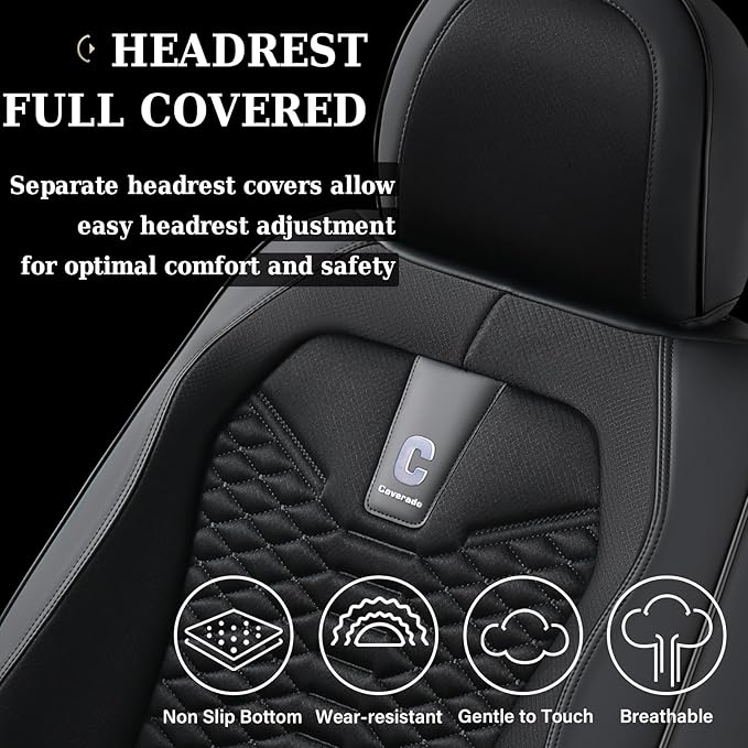 Coverado Car Seat Covers Full Set, 5 Seats Universal Seat Covers for Cars, Breathable Fabric& Faux Leather Auto Seat Cushions, Front and Rear Seat Protectors Fit for Most Sedans SUV Truck, Black