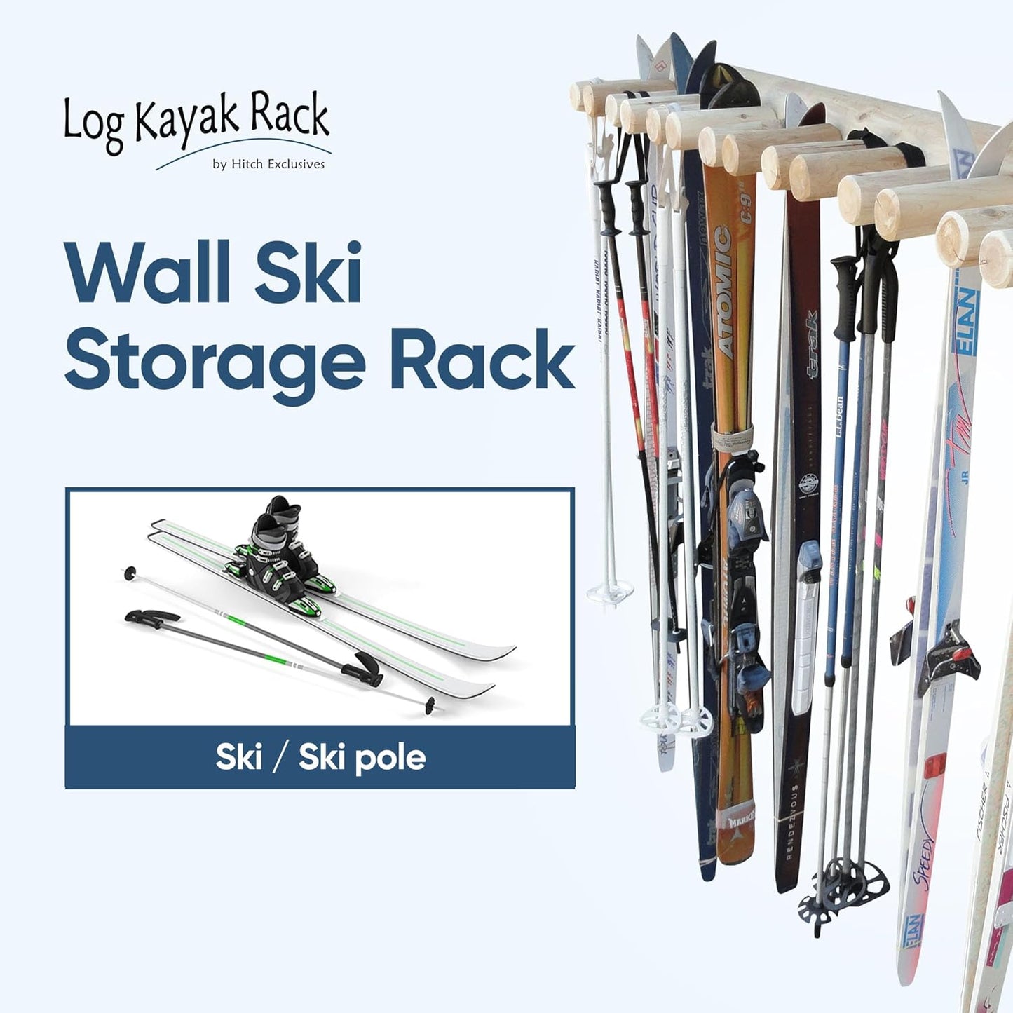 14-Place Log Ski Rack Wall Mount, Indoor Ski Storage Rack for Garage Organizers, Wooden Skis Wall Mount Storage Racks, Pole Skis Sports Racks, Garage Organization Walls - Unfinished