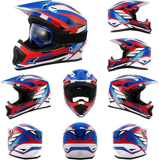 XFMT DOT Youth Kids Dirt Bike Helmet Full Face Motocross Helmets for Off-Road ATV Street Bike Four Wheeler Motorcycle with Goggles & Gloves, Red White and Blue X-Large