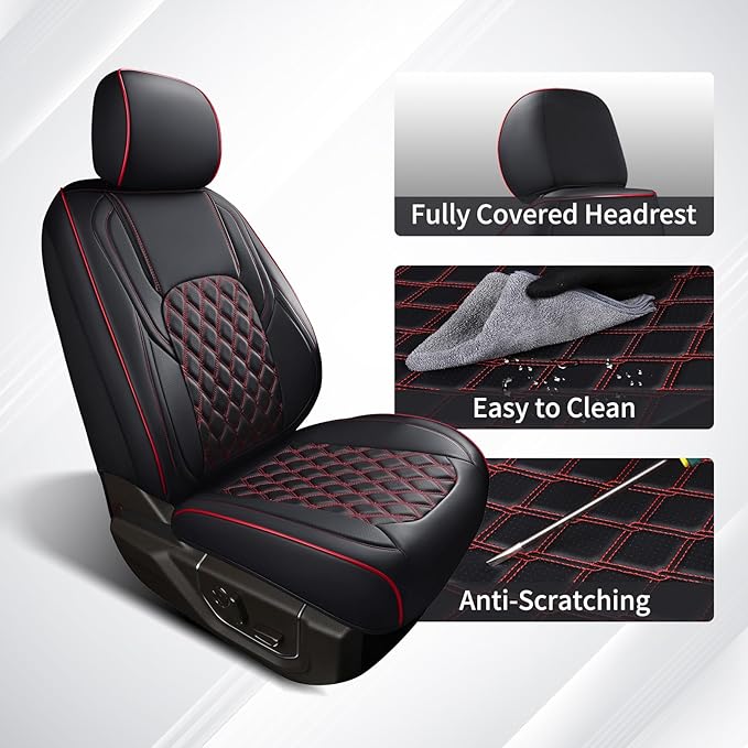 Huidasource Custom Fit Ford F150 Seat Covers Waterproof Fit for 2015-2025 F150 SuperCrew & 2017-2025 F250 F350 F450 Super Duty Crew Cab Pickup XL XLT Lariat King Ranch Platinum(Front Pair/Black&Red)