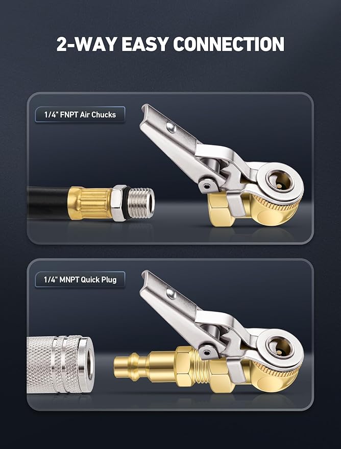 2-Pack Closed Ball Tire Chuck with Clip, 1/4" FNPT Locking Air Chuck Tire Inflator Nozzle with Quick Plug, 2-Way Connection Clip-On Air Chuck for Tire Air Compressor Accessories