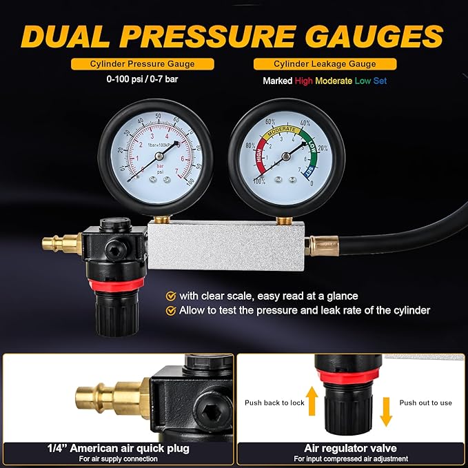 Nilight Cylinder Leak Down Tester, Gasoline Engine Compression Dual Gauge Leakdown Detector Automotive Tool Set with 10 12 14mm Spark Plugs