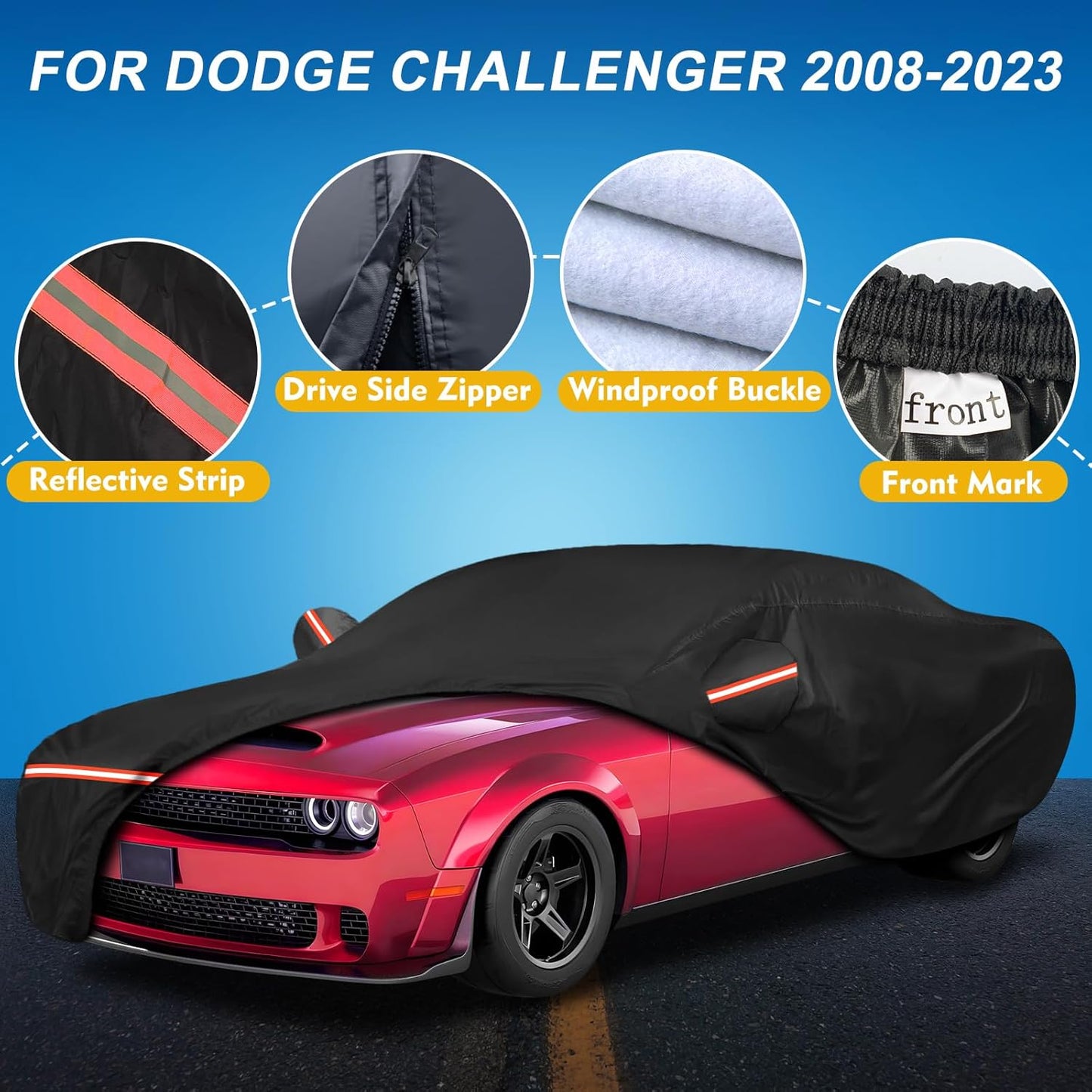 QUNSUNUS 6 Layer Car Cover for Dodge Challenger 2008-2023 Waterproof All Weather Windproof for Dodge Car Cover Hail Protection with Zipper