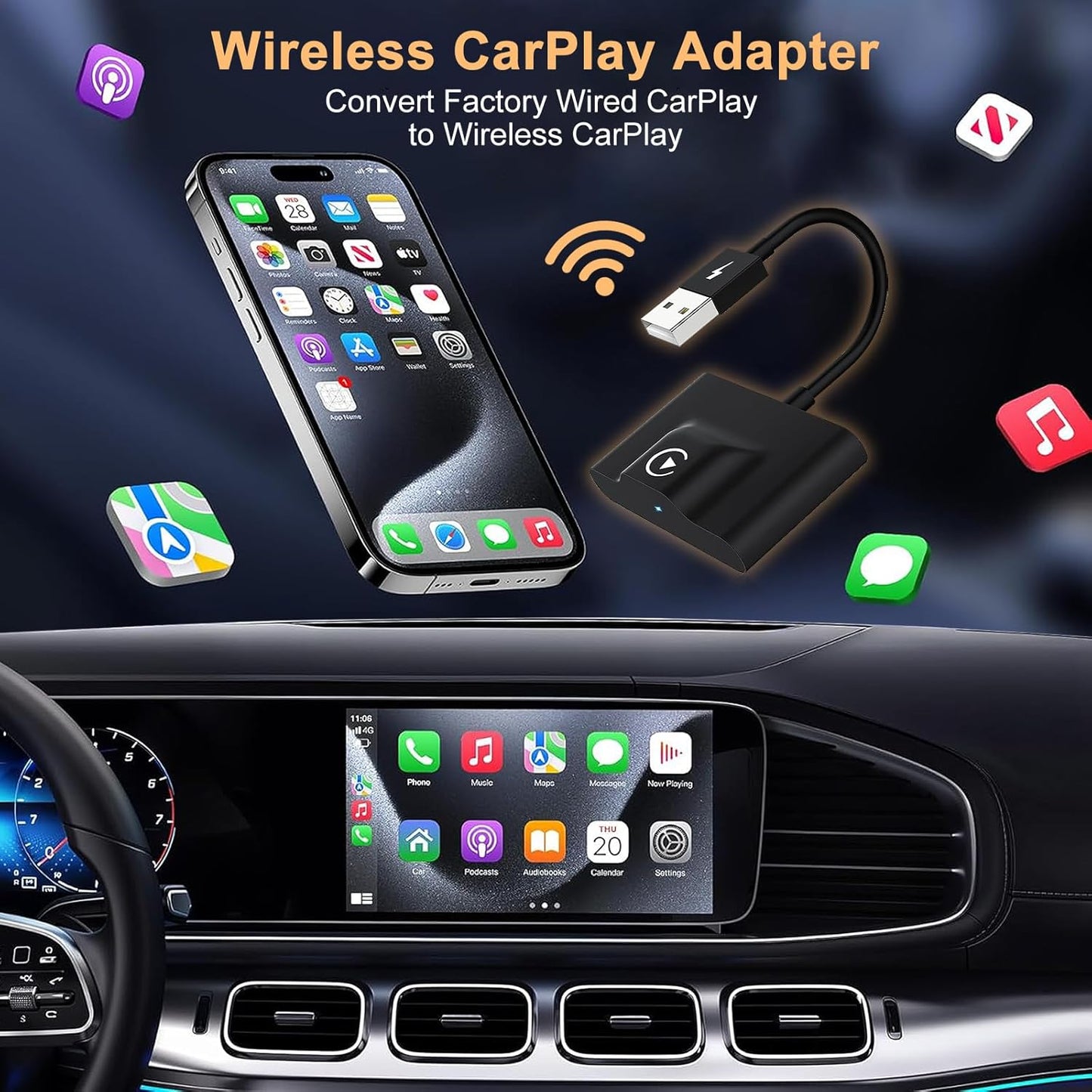 XHU Wireless CarPlay Adapter for Apple CarPlay Wireless Adapter 2025 Upgraded Convert Factory Wired CarPlay to Wireless CarPlay Box, Plug and Play Suit for iOS 10+ and Cars from 2016