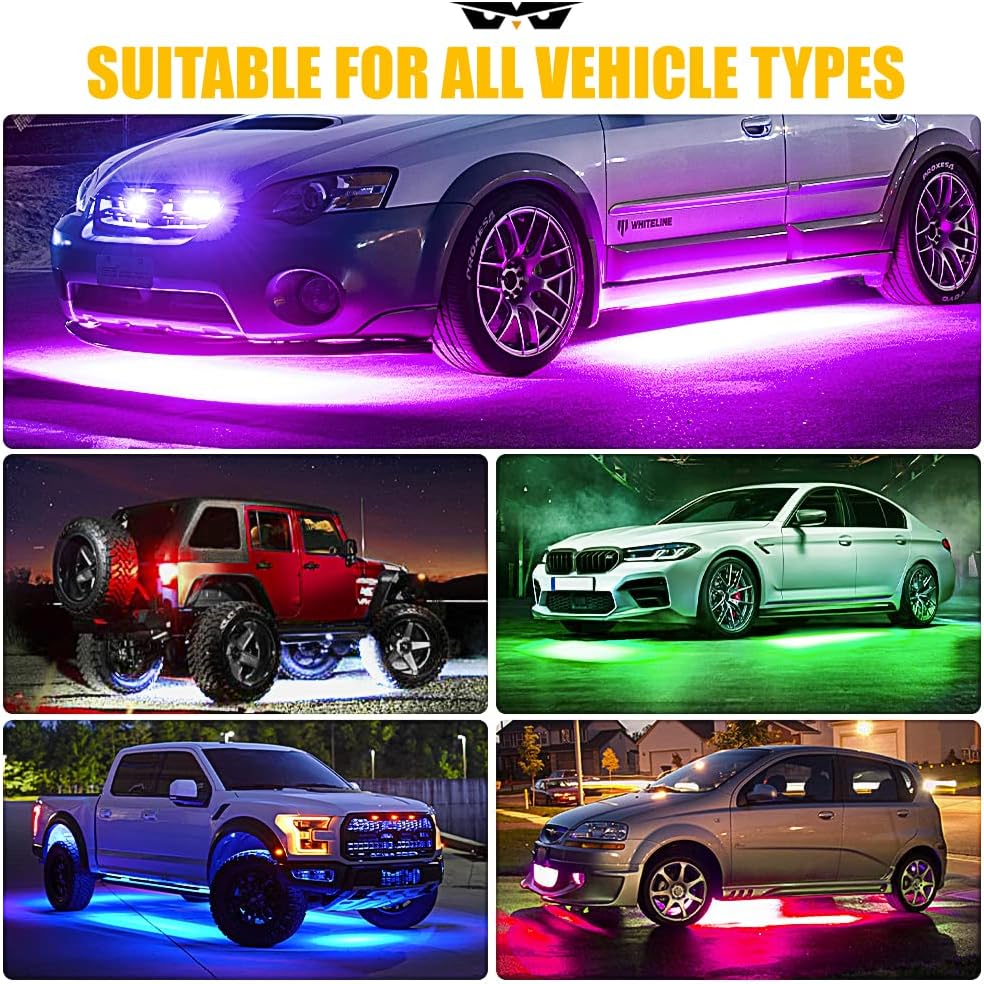 LUMENIX Double Row RGB LED Car Underglow Lights Kit, 4PCS Exterior Neon Accent Bluetooth Under Glow Light Strip for Cars SUVs Trucks Van, w/Dynamic Music & DIY Mode Underbody Chase Lights
