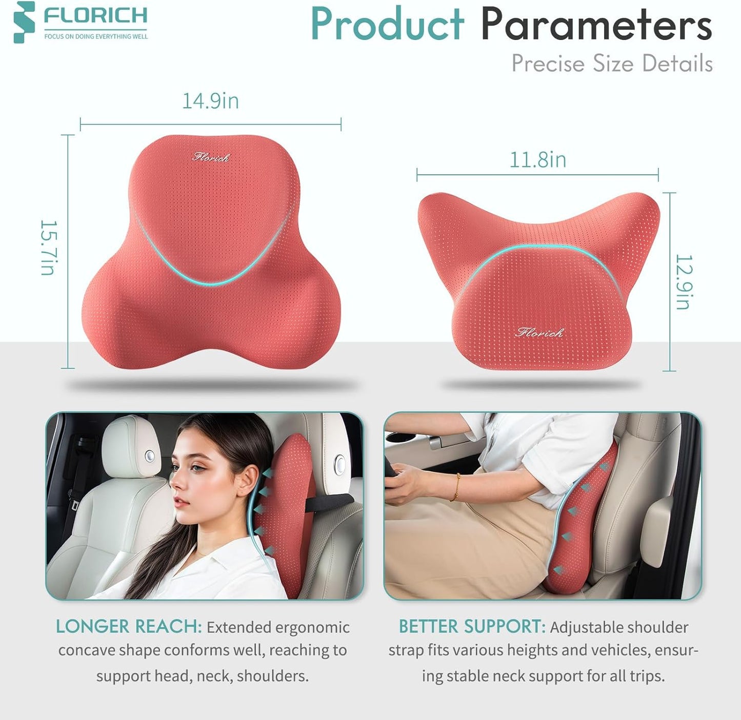 FLORICH Car Lumbar Support Pillow and Neck Headrest Pillow for Office Chair, Ergonomic Memory Foam, Relieves Neck, Back Pain, Pressure-Relieving Back Support for Car, Office Chair & Wheelchair – Red