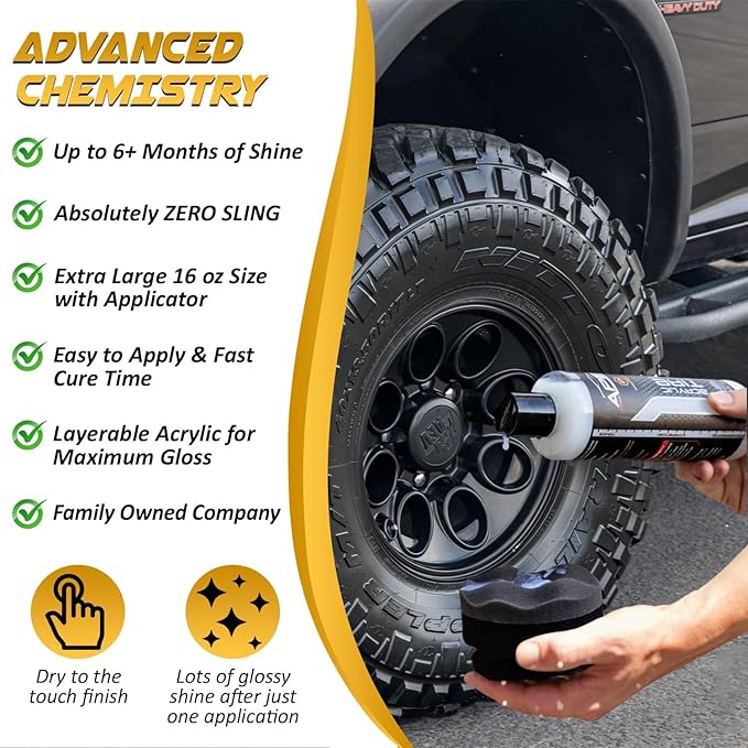 Apex Acrylic Tire Shine and Tire Shine Applicator - 16 oz Semi-Permanent - 6+ Months Durability - Easy to Apply - Fast Drying Car Tire Shine - No Sling - Glossy - Extreme Tire Dressing - Made in USA