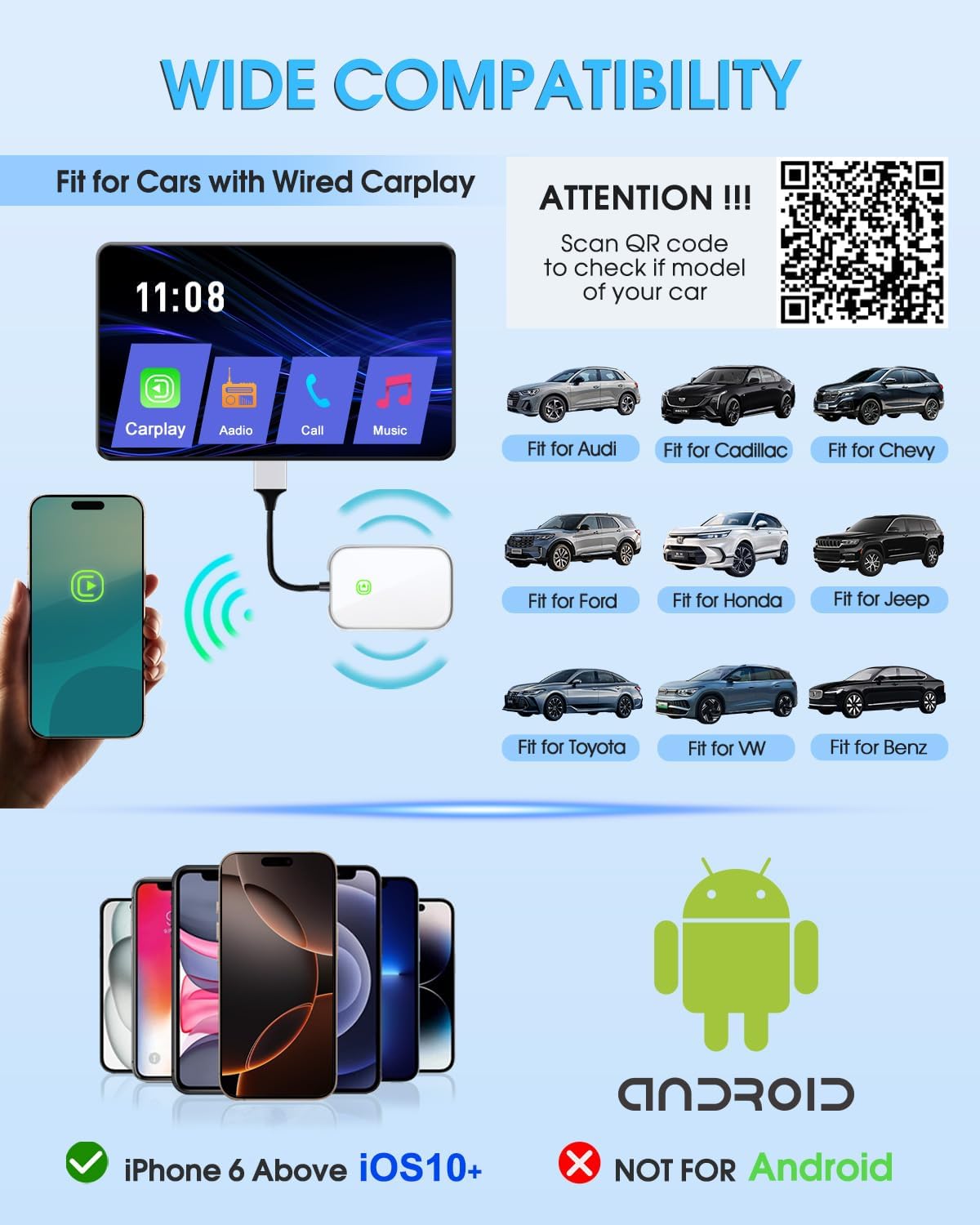 Wireless CarPlay Adapter - Fast & Stable Connection for Carplay Wireless Adapter Convert Factory Wired to Wireless CarPlay Dongle Plug & Play Car Play Fit for iPhone iOS 10+ (Silver)