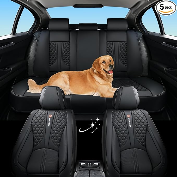 Black Leather Car Seat Covers - Luxury Waterproof Car Seat Covers with Lumbar Support, Non-Slip Base, and Airbag Compatibility; Suitable for Sedans, Suvs, and Pickups.