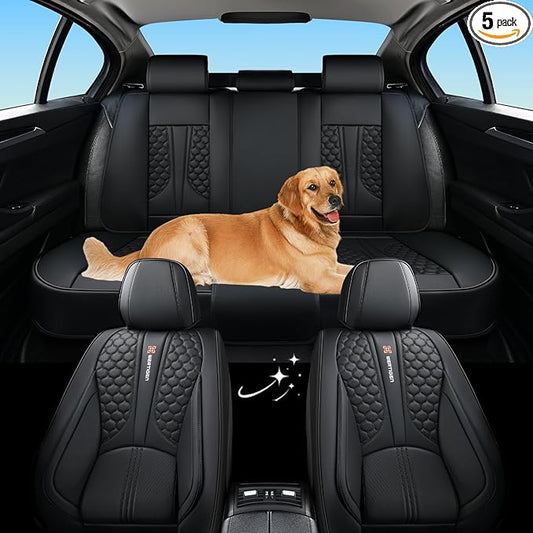 Black Leather Car Seat Covers - Luxury Waterproof Car Seat Covers with Lumbar Support, Non-Slip Base, and Airbag Compatibility; Suitable for Sedans, Suvs, and Pickups.