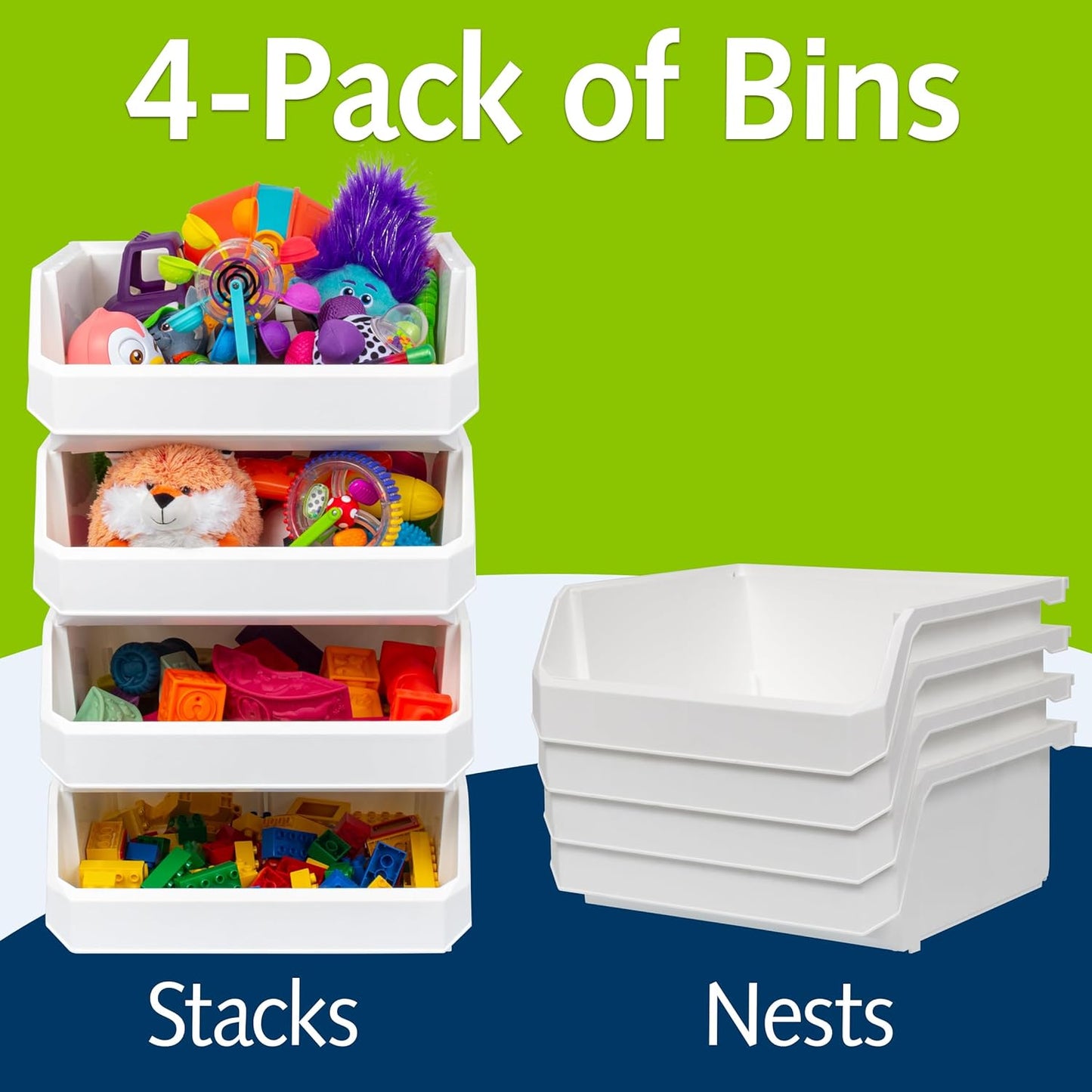 Plastic Containers for Organizing and Storage Bins for Closet, Kitchen, Office, Garage or Pantry Organization, Stackable Bins, Extra Large (14.8" x 16.5" x 7"), 4-Pack, White