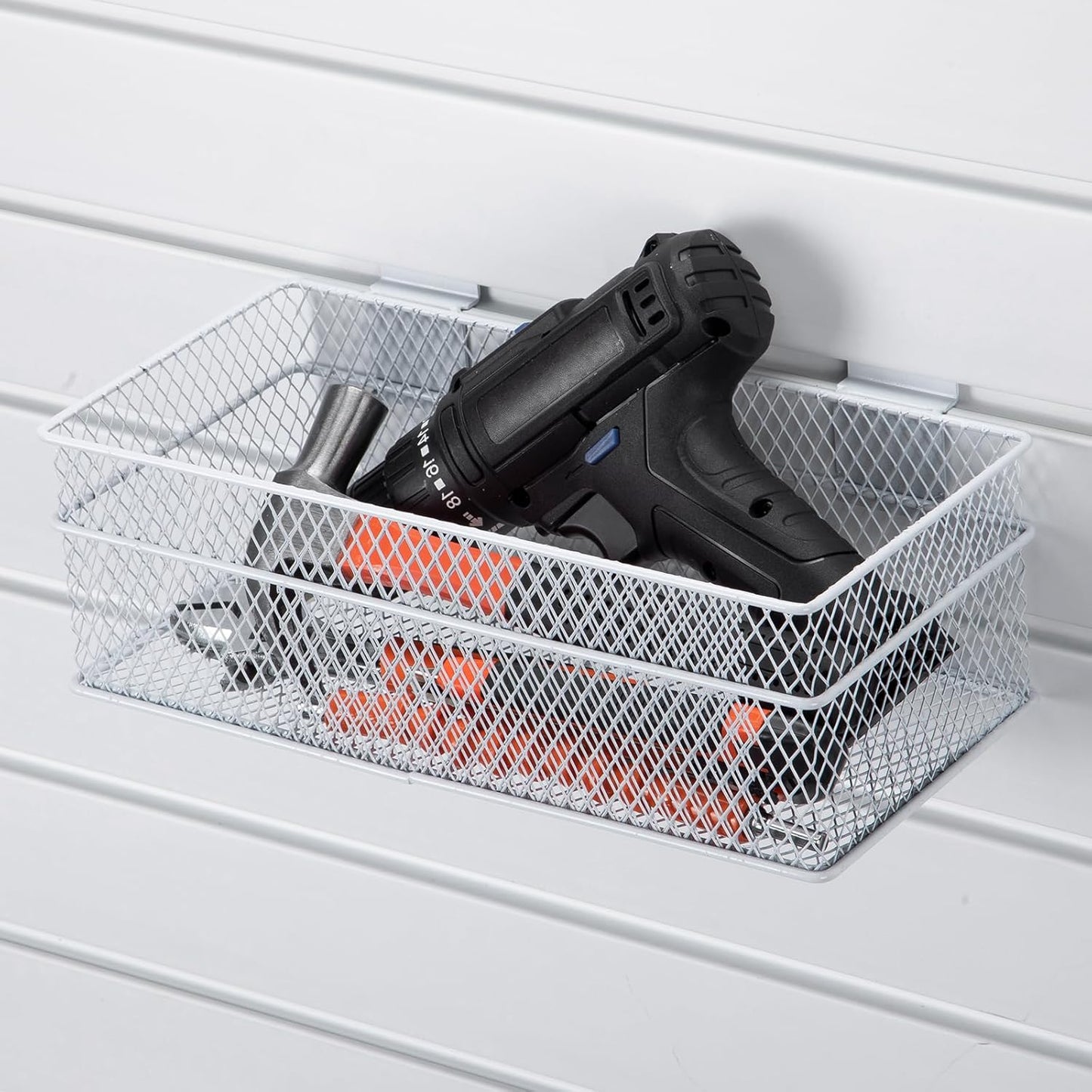 Barydat 4 Pcs Slatwall Basket Set Ventilated Metal Slatwall Basket Hanging Wire Bins Wall Mounted Accessories for Panel Garage Storage Display Organizing(Multi Size,White)