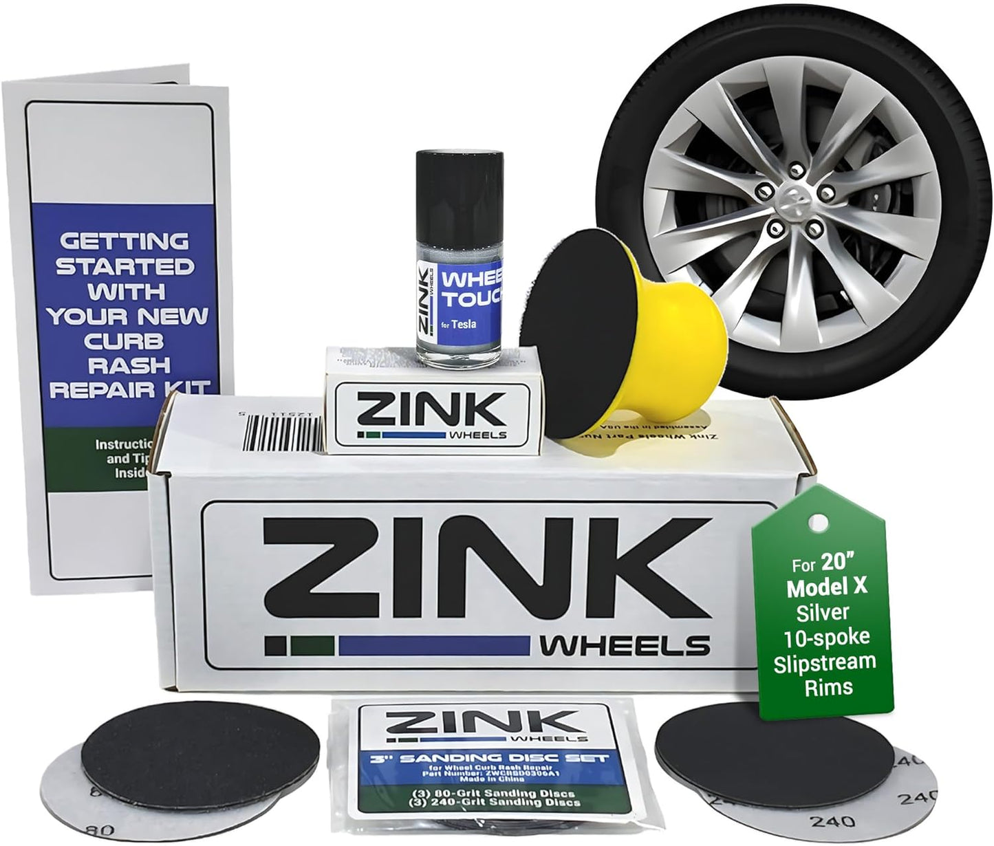 Premium Tesla Wheel Curb Rash Repair Kit for Model X 20-inch Silver Slipstream Rims - DIY Kit with Color-matched Touch Up Paint - Made in USA