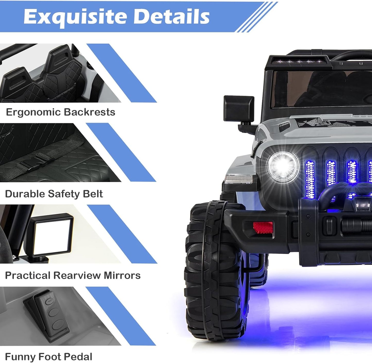 INFANS Kids Ride on Car Truck with 2.4G Remote Control, 12V Battery Powered Electric Cars for Kids w/3 Speeds, Battery Display, LED Lights, Safety Belt, Music & Horn, Bluetooth/FM/USB (Gray)