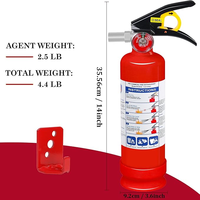 ABC Dry Chemical Fire Extinguisher, 2.5 lb 1A:10B:C Rated - Quick-Release Handle, Compact Portable Fire Safety Gear for Home Vehicle Boat RV Kitchen Grill
