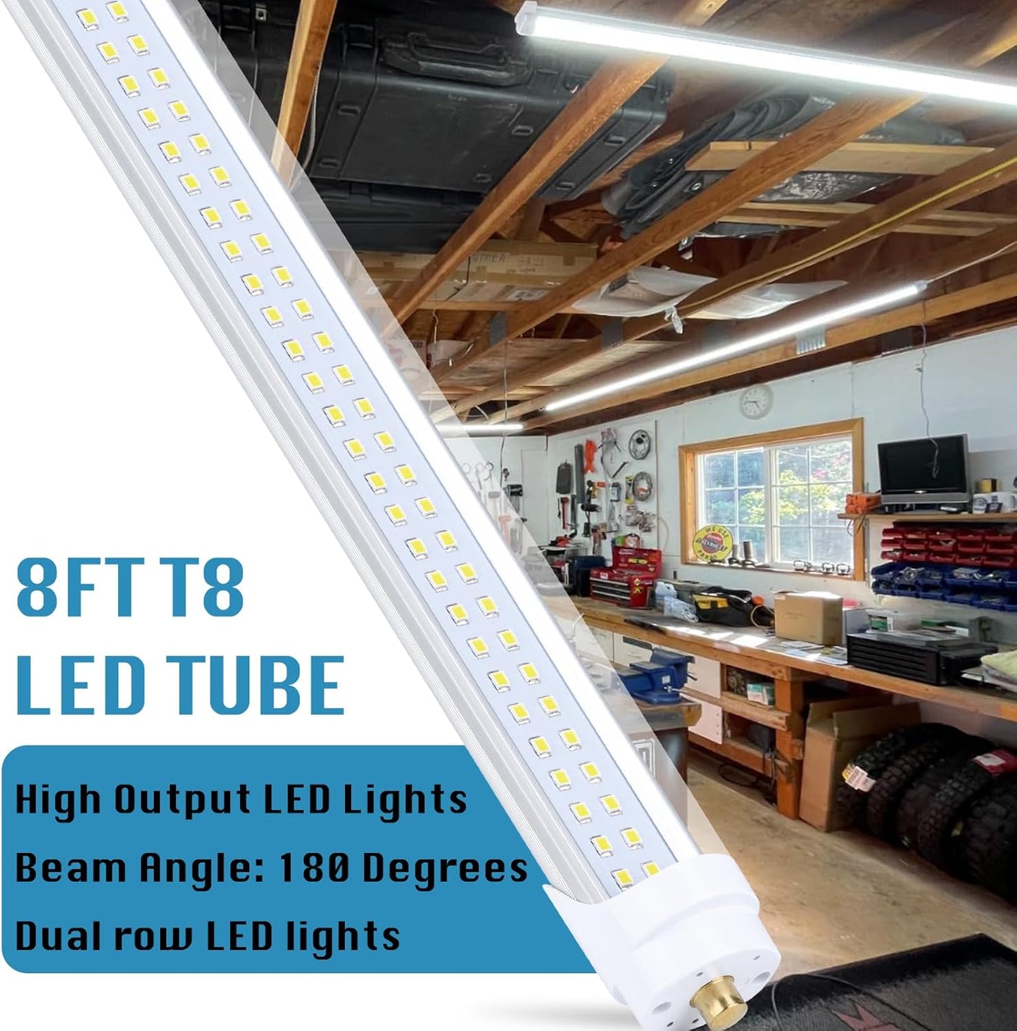 25-Pack, 8 Foot LED Bulbs, 100W 15000lm 6000K Cold White, Super Bright, T8 T10 T12 LED Tube Lights, FA8 Single Pin LED Lights, Clear Cover, 8 Foot LED Bulbs to Replace Fluorescent Light Bulbs
