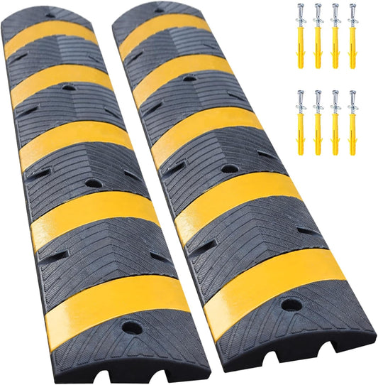 Orangestar 2-Pack 6Ft Rubber Speed Bump, 2 Channel Heavy Duty Speed Hump Cable Protector Ramp w/8 Bolts for Asphalt Concrete Driveway Gravel 72x11.8x1.8 inch(L x W x H)