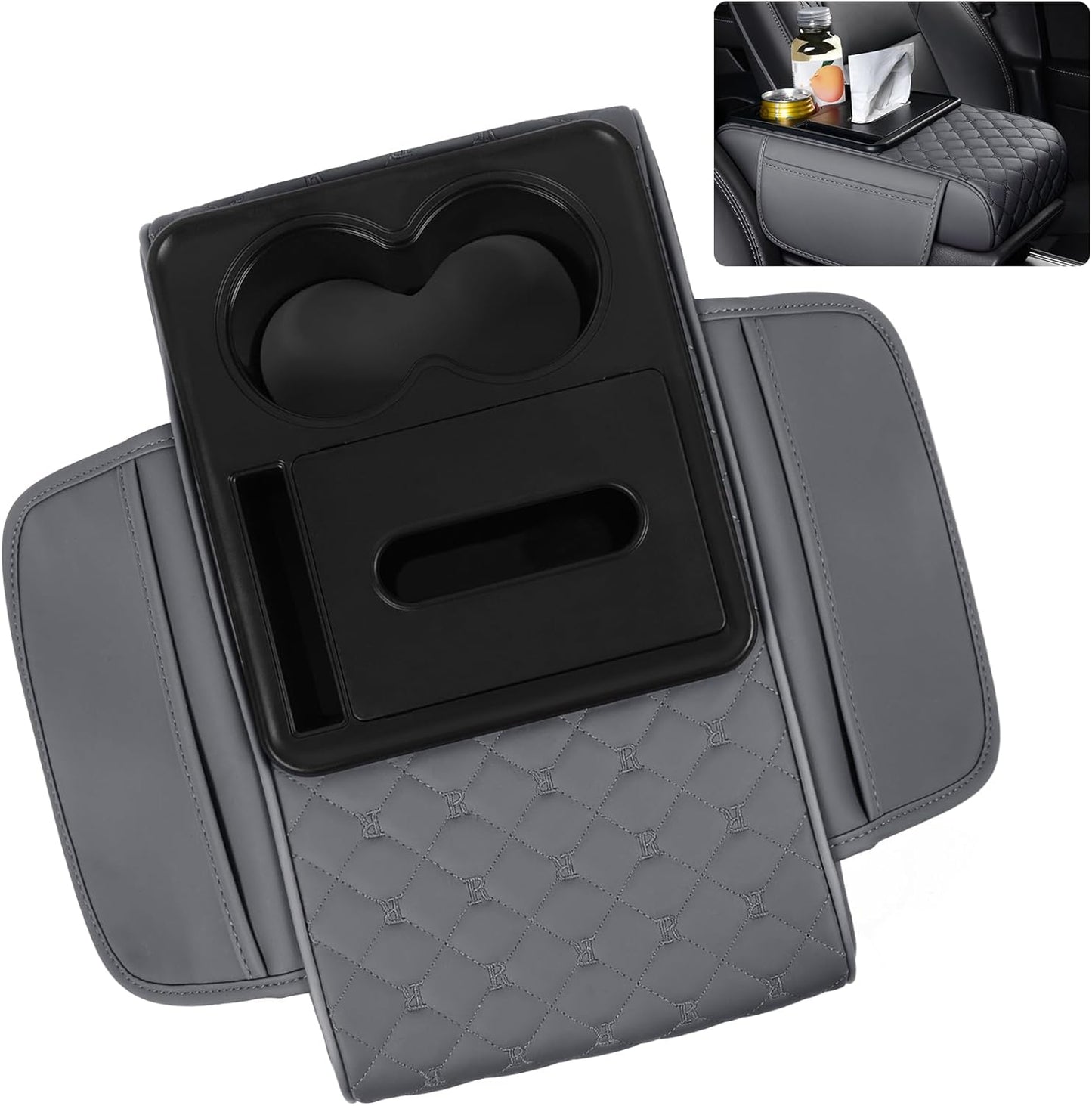 5 in 1 Car Armrest Storage Box for Center Console, Armrest Cushion Cover for Car with 2 Cup Holders Storage Bags, Tissue Box, Phone Slot, Premium Memory Foam with Nappa Leather, 14.2*7.9*2.8in (Gray)