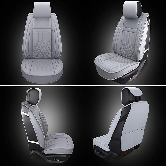 Aierxuan 2pcs Car Seat Covers Front Set with Waterproof Leather, Airbag Compatible Automotive Vehicle Cushion Cover Universal Fit for Most Cars (Grey)