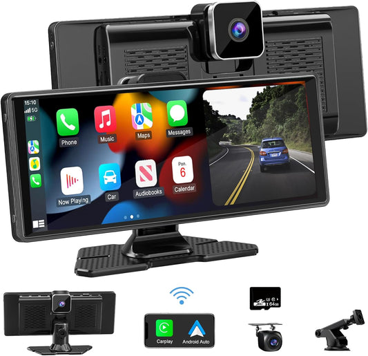 Carplay Screen for Car,10.26" HD IPS Wireless Portable car Stereo for Apple Carplay&Android Auto,Car Audio Receivers with 4K Dash Cam/1080P Rear Camera,GPS Navigation,Mirror Link,FM,Voice Control