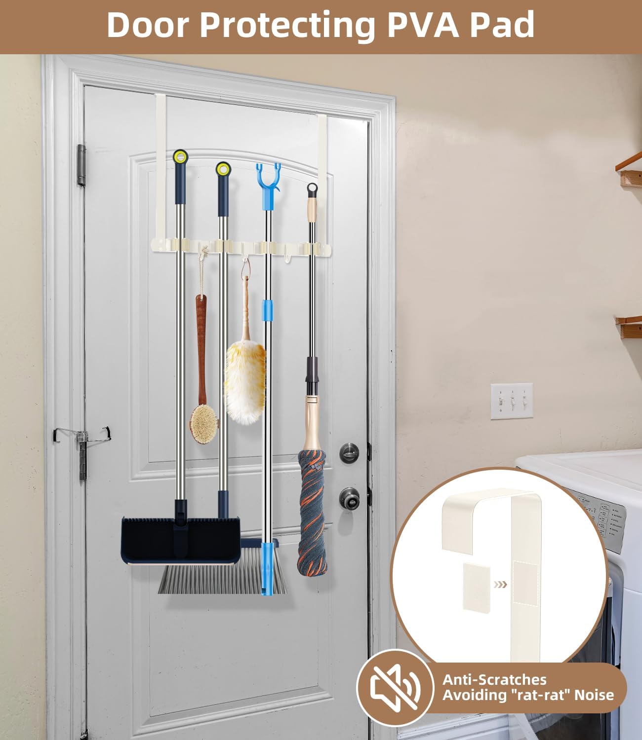 Broom Holder Over The Door - 304 Stainless Steel Mop and Broom Holder Wall Mounted or Hanging Over The Door with Hooks - Broom Hanger - white, Broom Storage Tool Organizer for Closet Laundry