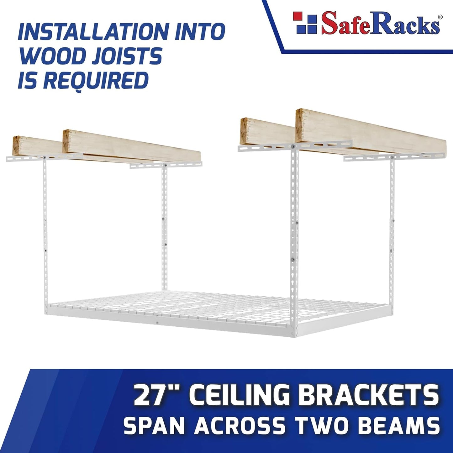 SafeRacks 4x6 Overhead Garage Storage Rack - Height Adjustable Steel Overhead Storage Rack - 500 Pound Weight Capacity (White, 24"-45")