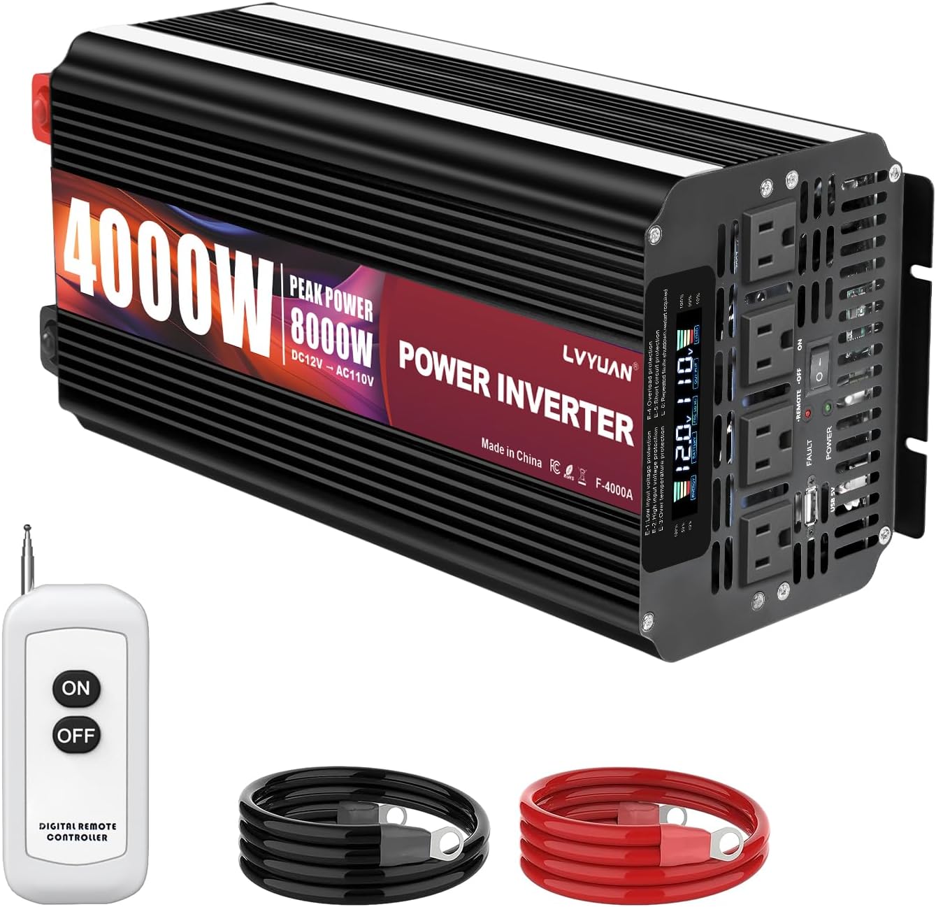 LVYUAN 4000 Watt Power Inverter 12V to 110V 120V for Vehicle, Solar Inverter System, Heavy Duty, RV, Truck, Off Grid,Camping with 4 AC Outlets, LCD Display, Wireless Remote Control, Car Power Inverter