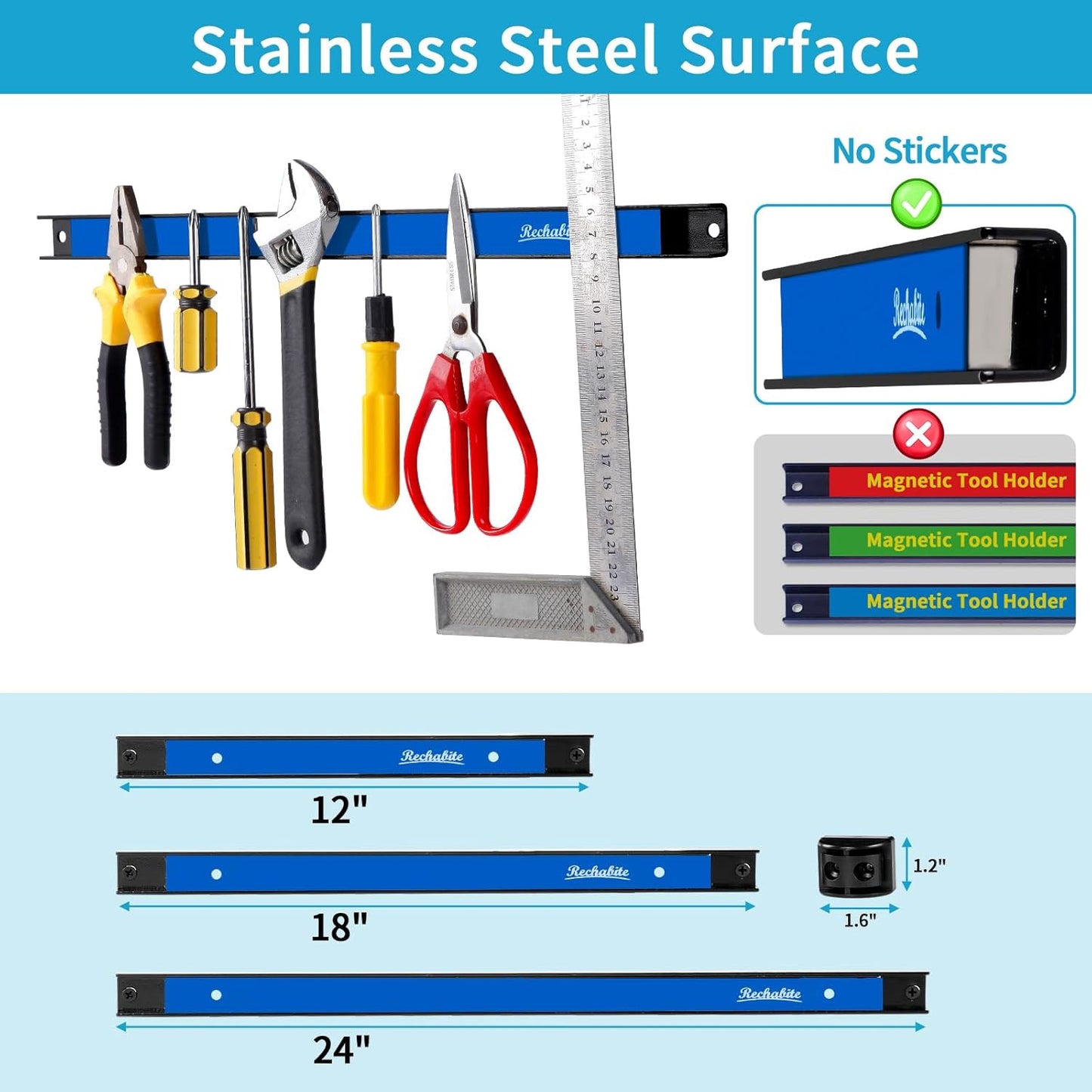 4 Pieces 18" Magnetic Tool Holder Strip, Blue Magnet Bar, Metal Tool Organizer Rack for Garage Organization, Easy To Install in Workshop, Mounting Screws Included