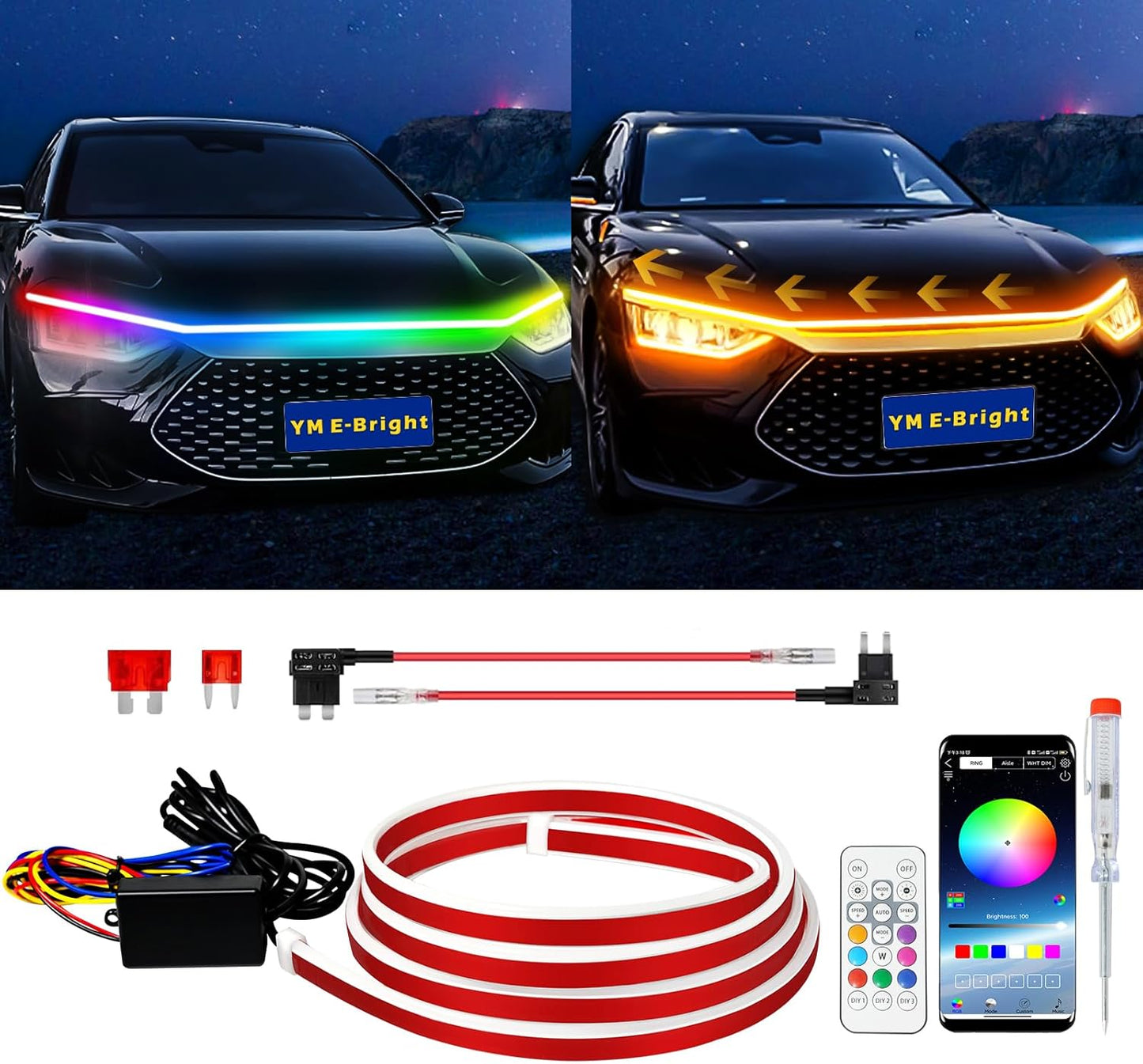 RGB Hood Light Strip with Sequential Turn Signal Indicator Function Waterproof Multicolor Dynamic Scan Start Up Hoodbeam Kit for Cars,Truck,SUV,with APP Control,12V 47inch/1.2M (1Set)