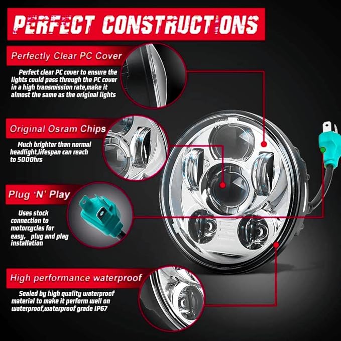 SLK-Lights VT1300 Fury Daymaker LED Headlight 5 3/4in - Direct Fit - Plug & Play - Compatible Honda VT1300 2010-2025 Honda Fury, Sabre, Interstate, and Stateline (White)