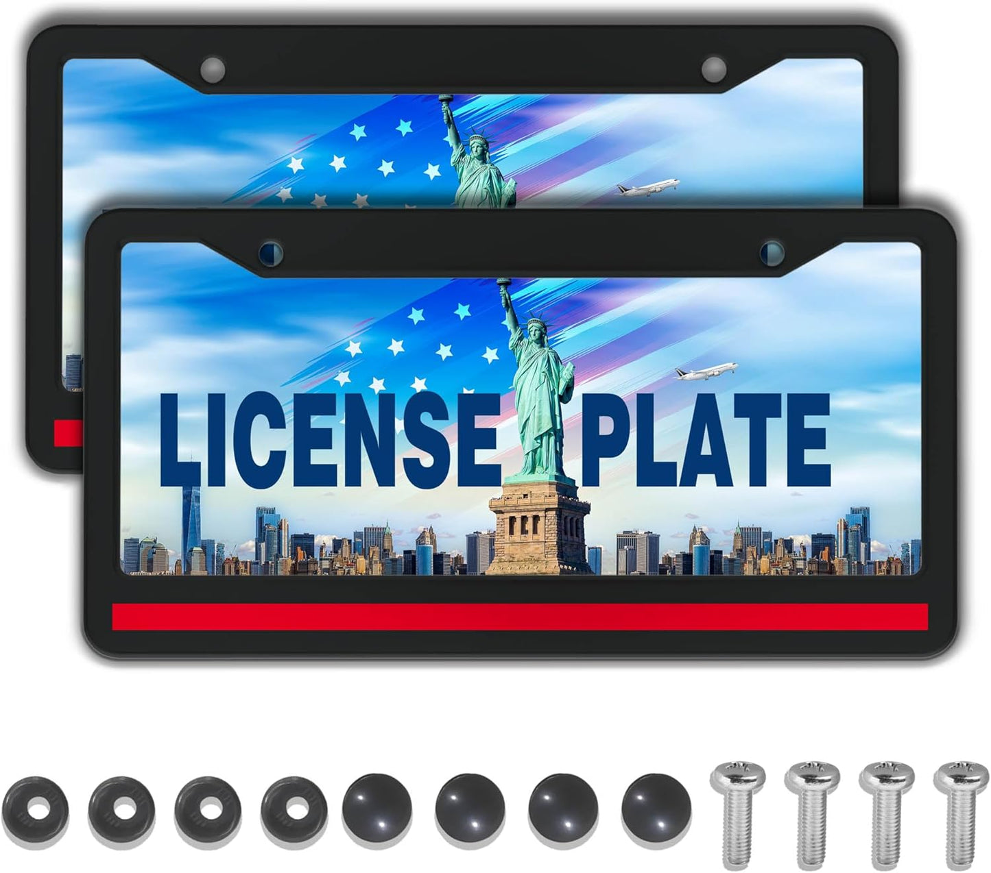 License Plate Cover Black and Red License Plate Frames Firefighter Red Line Flag Universal Aluminum Car Accessory 2 Pack with Screw Covers Set